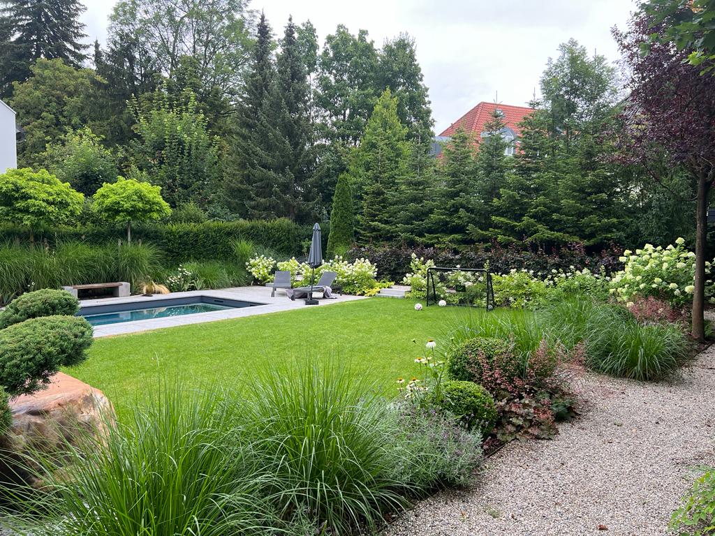 Moderner Familiengarten mit viel Gehölz und Stauden. Blick über Rasenfläche zum Swimmingpool.